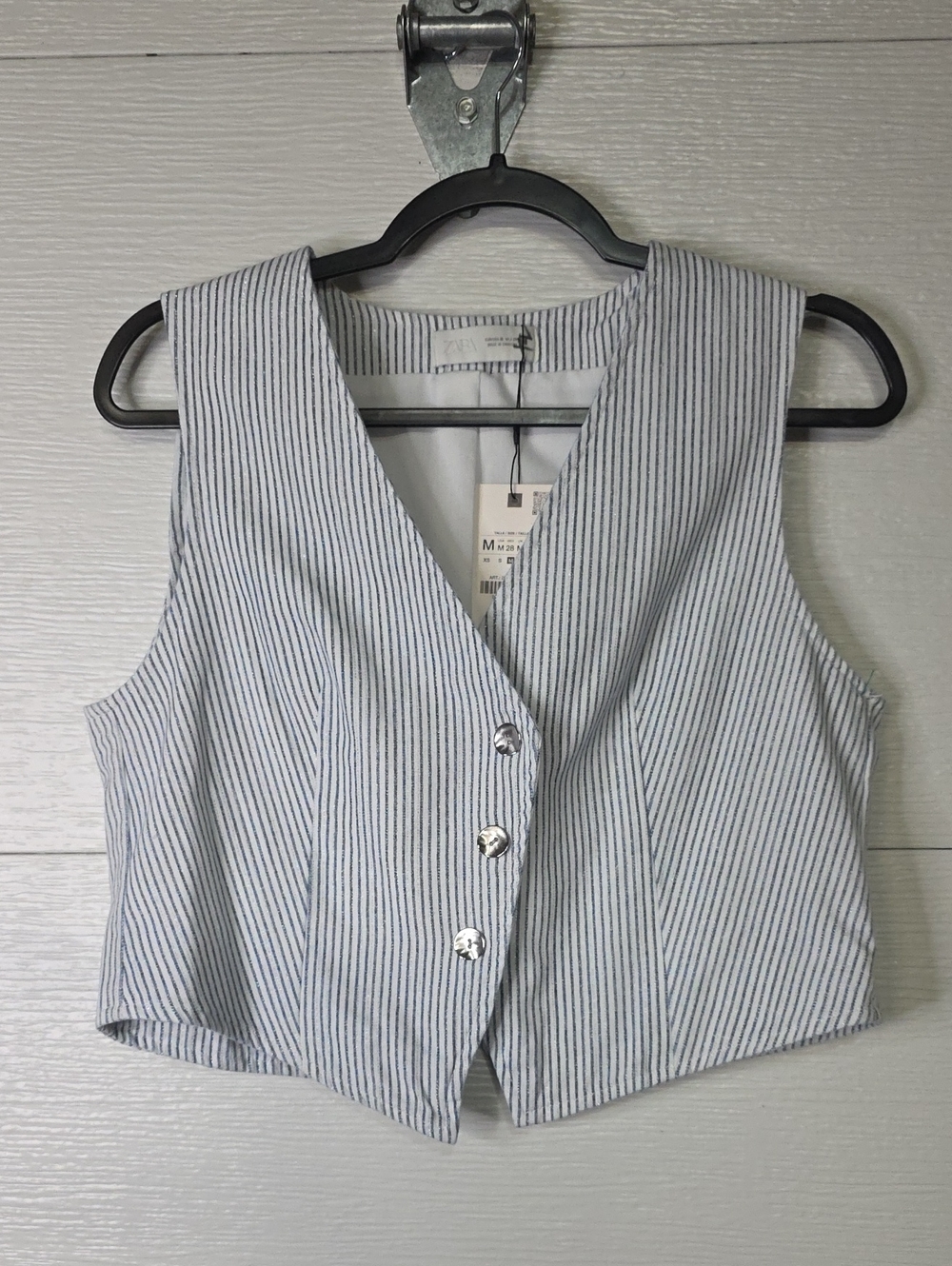 Zara Blue & White Striped V-Neck Button Crop Vest